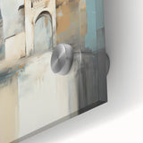 Close-up of abstract architecture wall art featuring vibrant colors and intricate geometric patterns on acrylic glass, enhancing modern interior decor.