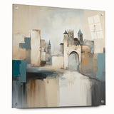 Abstract architectural wall art displayed in acrylic glass, showcasing geometric designs with bold colors and intricate details, enhanced by sleek metal pins for mounting.