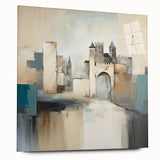 Abstract architectural wall art displayed in a side view, featuring a modern design with vibrant colors on acrylic glass, perfect for contemporary decor.