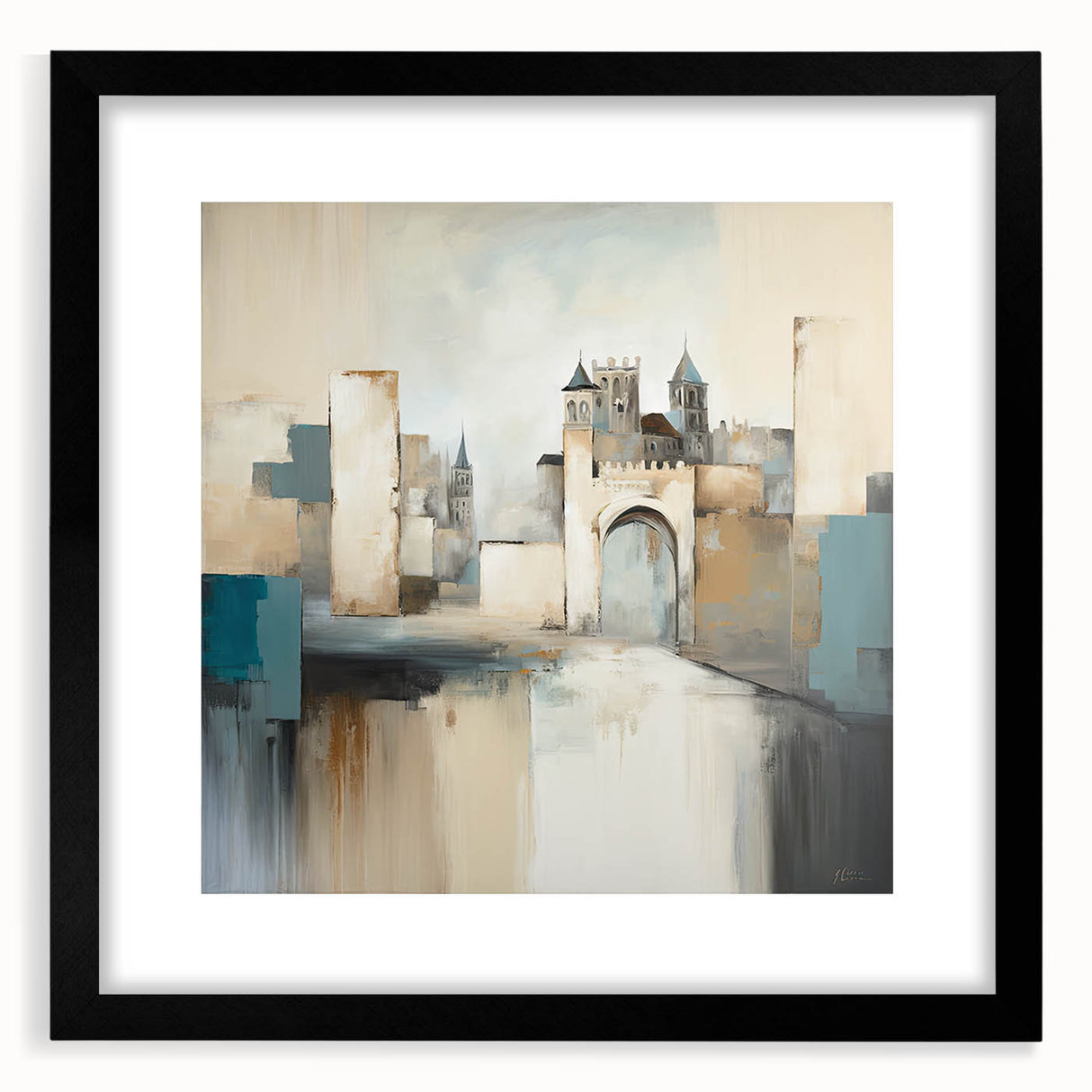 Abstract architecture wall art framed with a black mat, showcasing geometric patterns and sleek lines, perfect for modern home decor.