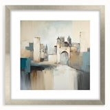 Abstract architectural wall art framed with a silver mat, showcasing geometric shapes and lines in a modern design, perfect for contemporary decor.