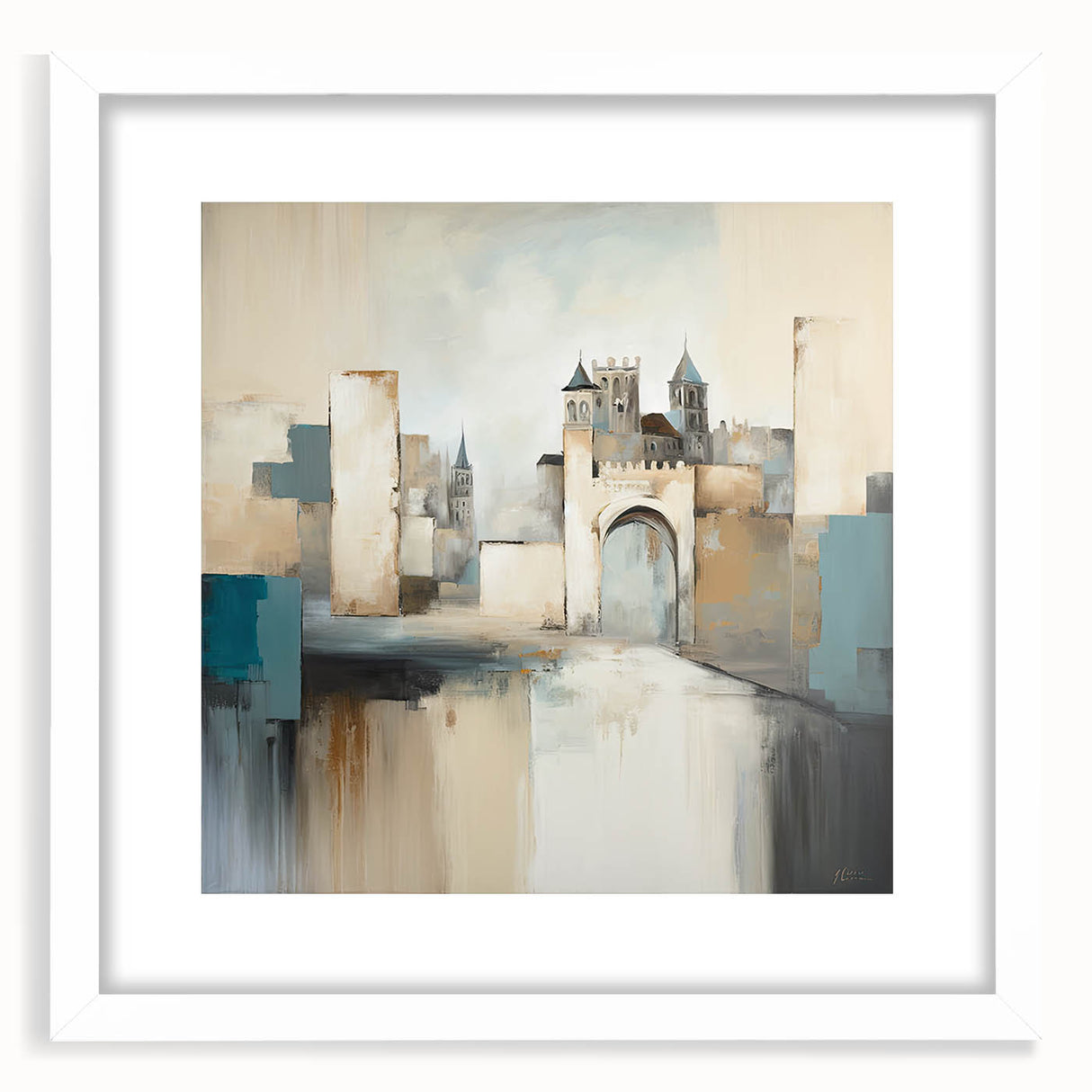 Abstract wall art print showcasing modern architectural lines in a white frame with a mat, perfect for contemporary home decor. Ideal for living room aesthetics.