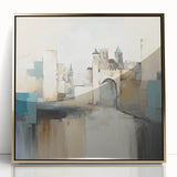 Framed acrylic wall art showcasing abstract architecture in gold tones, set against a modern backdrop, perfect for elevating contemporary home decor.