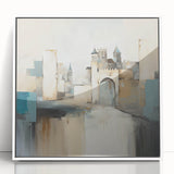 Abstract architecture wall art featuring a minimalist design with geometric shapes in white and gray, framed in sleek acrylic to enhance modern decor.