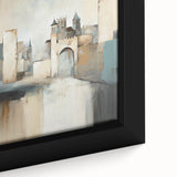 Abstract architectural wall art featuring geometric shapes and a modern color palette of blues and grays, framed for elegant home decor enhancement.