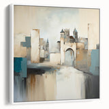 Abstract architecture wall art featuring a white-framed canvas with geometric shapes and lines, showcasing a modern design ideal for contemporary decor.