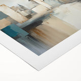 Abstract architectural wall art on rolled canvas showcasing geometric shapes in vibrant blues and oranges, ideal for modern home decor, packaged securely in a cardboard tube.