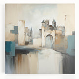 Abstract architecture wall art on stretched canvas showcasing vibrant geometric shapes in blue, yellow, and red tones, perfect for modern home decor.