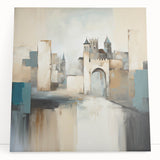 Abstract wall art showcasing modern architecture design in vibrant colors, stretched on canvas and leaning against a wall, ideal for contemporary decor.