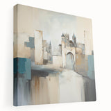 Abstract architecture wall art on stretched canvas showcasing geometric shapes in shades of blue, gray, and white, enhancing modern interior decor.