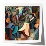 Abstract figurative wall art print showcasing vibrant colors and dynamic shapes, displayed in a glossy finish, perfect for modern home decor aesthetics.