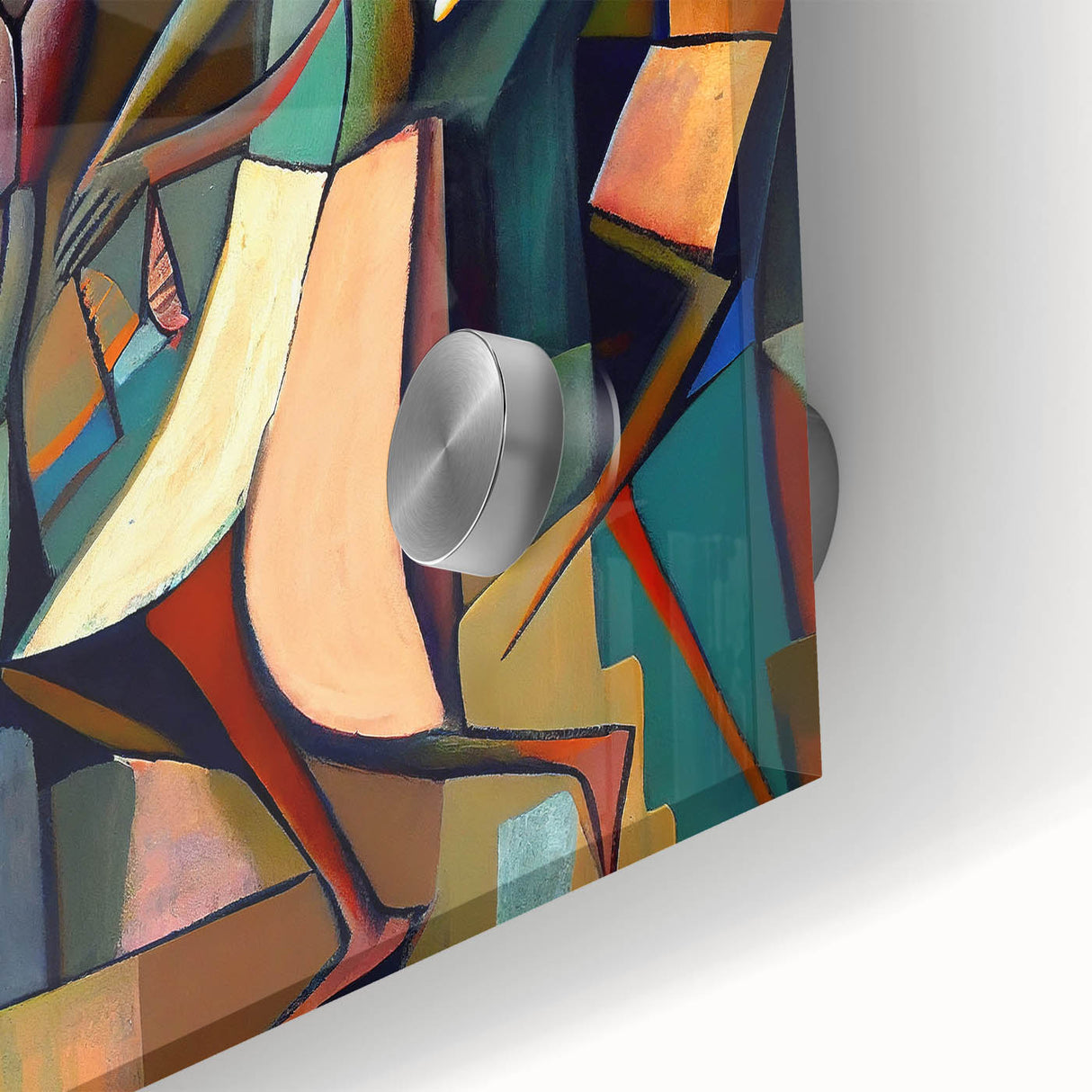 Close-up of abstract figurative wall art design featuring vibrant colors and intricate details, printed on acrylic glass, perfect for modern home decor.