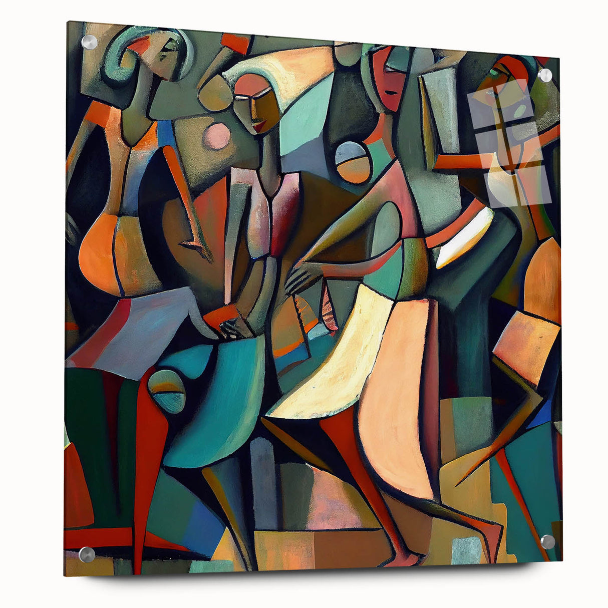 Close-up of abstract figurative wall art displayed in a modern setting, highlighting the acrylic glass finish and unique pin details, perfect for contemporary decor.
