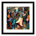 Abstract figurative wall art framed with a black mat, showcasing vibrant colors and dynamic shapes, ideal for modern home decor and artistic interiors.