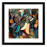Abstract figurative wall art framed with a black mat, showcasing vibrant colors and dynamic shapes, ideal for modern home decor and artistic interiors.