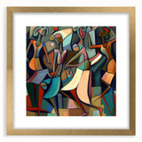 Abstract figurative wall art framed with a gold mat, showcasing vibrant colors and intricate patterns, perfect for enhancing modern home decor aesthetics.