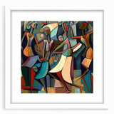 Abstract figurative wall art framed in white with a mat, showcasing bold colors and dynamic shapes, perfect for modern home decor.