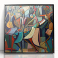 Abstract figurative wall art in a black frame, showcasing vibrant colors and dynamic shapes, ideal for modern home decor. Perfect for adding a contemporary touch to any living space.
