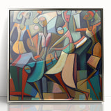 Framed abstract figurative wall art featuring a silver-acrylic finish, showcasing modern design elements and vibrant colors, perfect for contemporary decor.