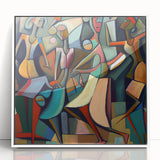 Framed abstract figurative wall art showcasing vibrant colors and dynamic shapes, set against a white background, perfect for modern home décor accents.
