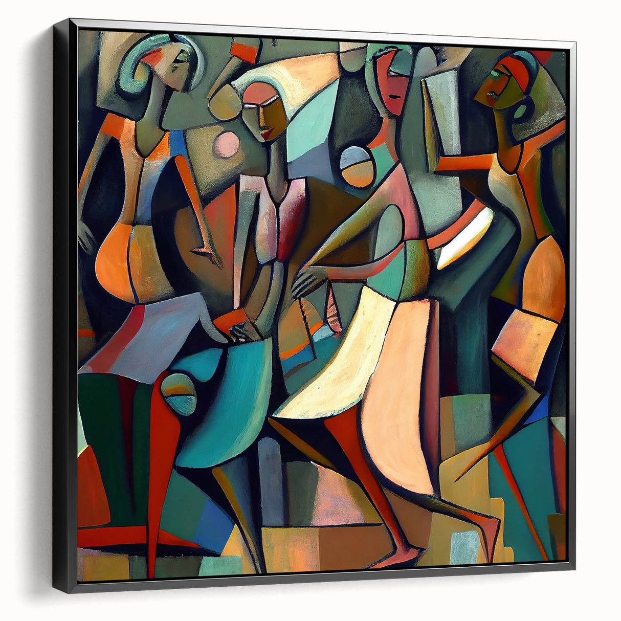 Framed abstract figurative wall art in black, showcasing dynamic shapes and textures, viewed from the side against a neutral background. Perfect for modern decor.