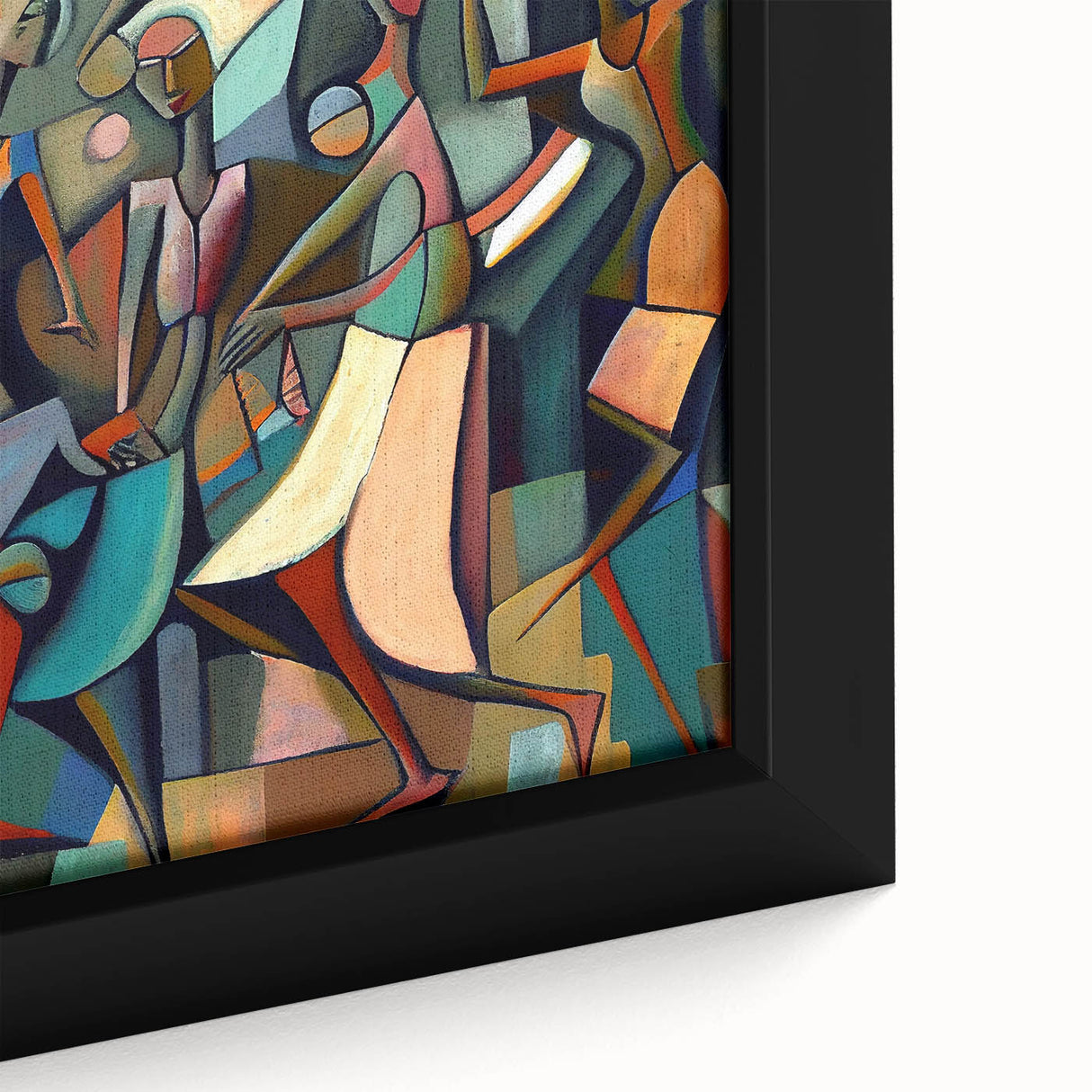 Close-up of a framed abstract figurative wall art piece showcasing vibrant colors and intricate patterns, perfect for modern home decor and artistic expression.