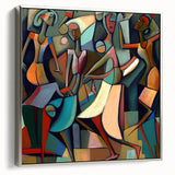 Framed abstract figurative wall art in silver, showcasing dynamic shapes and colors, perfect for modern home decor. Side view highlights elegant frame details.