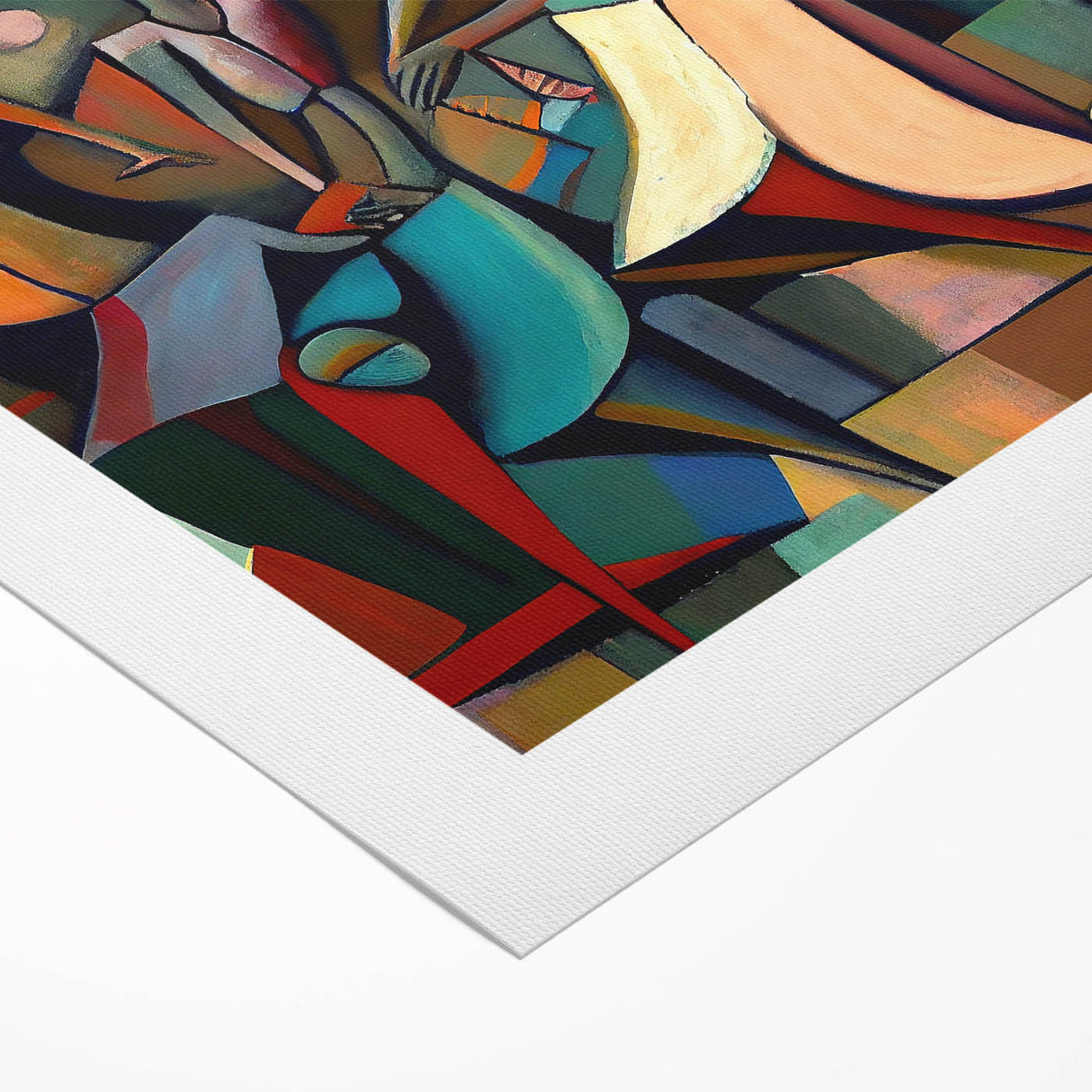 Abstract figurative wall art on rolled canvas, showcasing vibrant colors and fluid shapes, ideal for modern interior decor, presented in a protective cardboard tube.