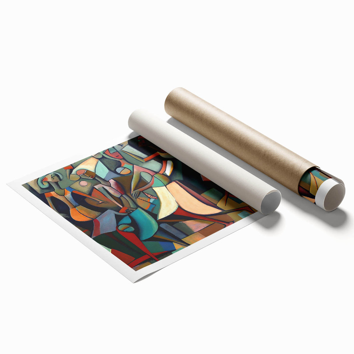 Abstract figurative wall art print showcasing vibrant colors and dynamic shapes, rolled and ready for display, evoking modern artistic expression in home decor.