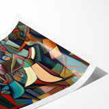 Abstract figurative wall art print showcasing vibrant colors and dynamic shapes, rolled and ready for display, presented in a protective cardboard tube.