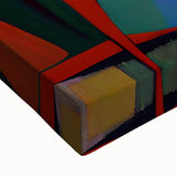 Close-up view of an abstract figurative wall art piece on stretched canvas, showcasing vibrant colors and intricate details, perfect for modern home decor accents.