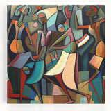 Abstract figurative wall art featuring vibrant colors and dynamic shapes on a stretched canvas, perfect for modern home decor and artistic expression.
