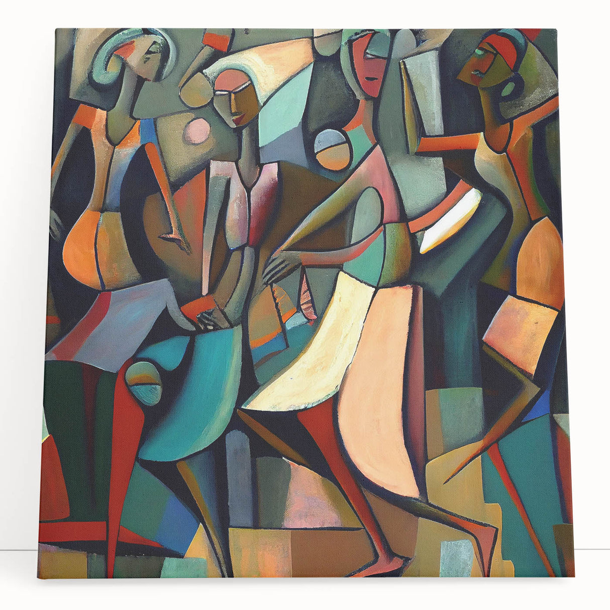Abstract figurative wall art on stretched canvas, showcasing vibrant colors and dynamic shapes, leaning against a minimalistic wall, perfect for modern decor.