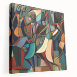 Abstract figurative wall art on stretched canvas showcasing vibrant colors and dynamic shapes, perfect for modern home decor, side view highlighting its depth and texture.
