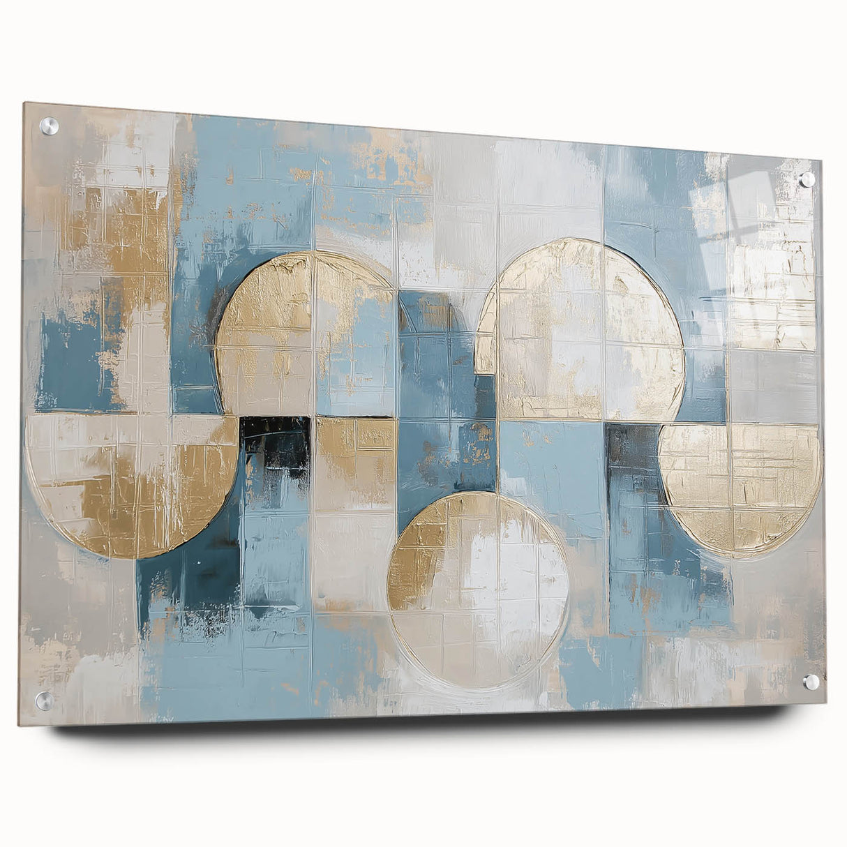 Abstract geometric acrylic glass artwork in side view, showcasing vibrant colors and sleek design with visible pins, ideal for modern home decor.