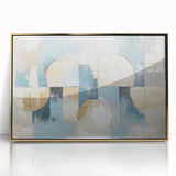 Framed acrylic wall art featuring an abstract geometric design in gold tones, perfect for modern home decor. Ideal for adding elegance to any living space.