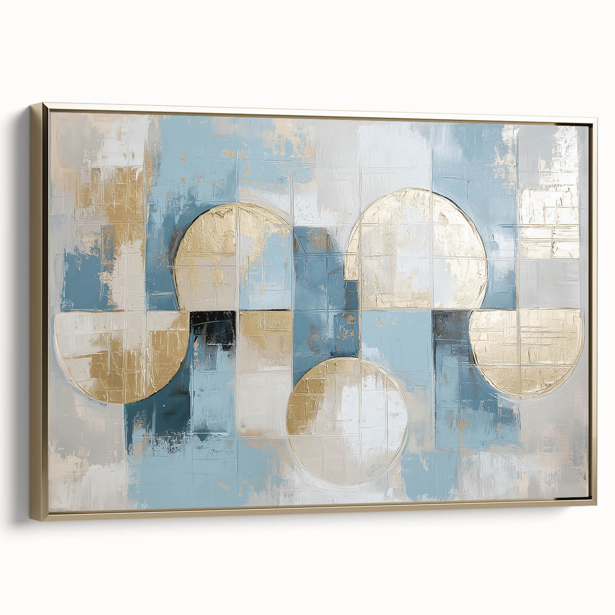 Abstract geometric framed canvas art in gold tones, showcasing a modern design with sharp angles and dynamic shapes, ideal for contemporary decor.