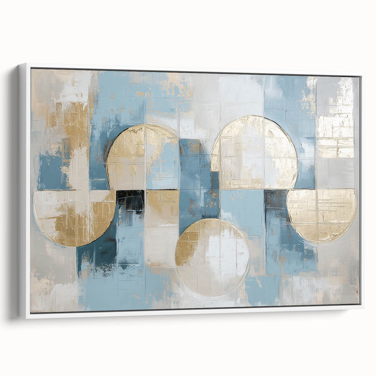 Framed abstract geometric canvas art in a sleek white frame, showcasing intricate patterns in shades of blue and gray, perfect for modern home decor.