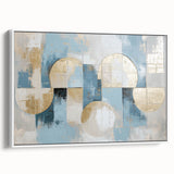 Framed abstract geometric canvas art in a sleek white frame, showcasing intricate patterns in shades of blue and gray, perfect for modern home decor.
