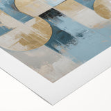 Abstract geometric design rolled canvas art showcasing vibrant blue and orange shapes on a textured background, ideal for modern home decor and artwork display.