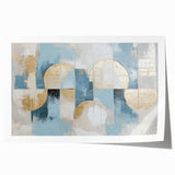 Abstract geometric rolled print showcasing vibrant colors of blue, orange, and yellow, featuring intricate designs and patterns, ideal for modern home decor.