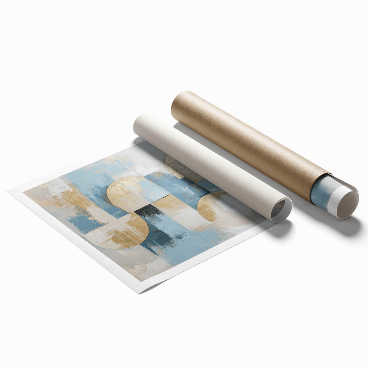 Abstract geometric design rolled print showcasing vibrant colors and unique shapes, ideal for modern home decor. Packaged securely in a cardboard tube for safe delivery.