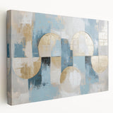 Abstract geometric stretched canvas artwork showcasing vibrant colors in a modern design, ideal for contemporary home decor. Perfect for adding a pop of color to any room.