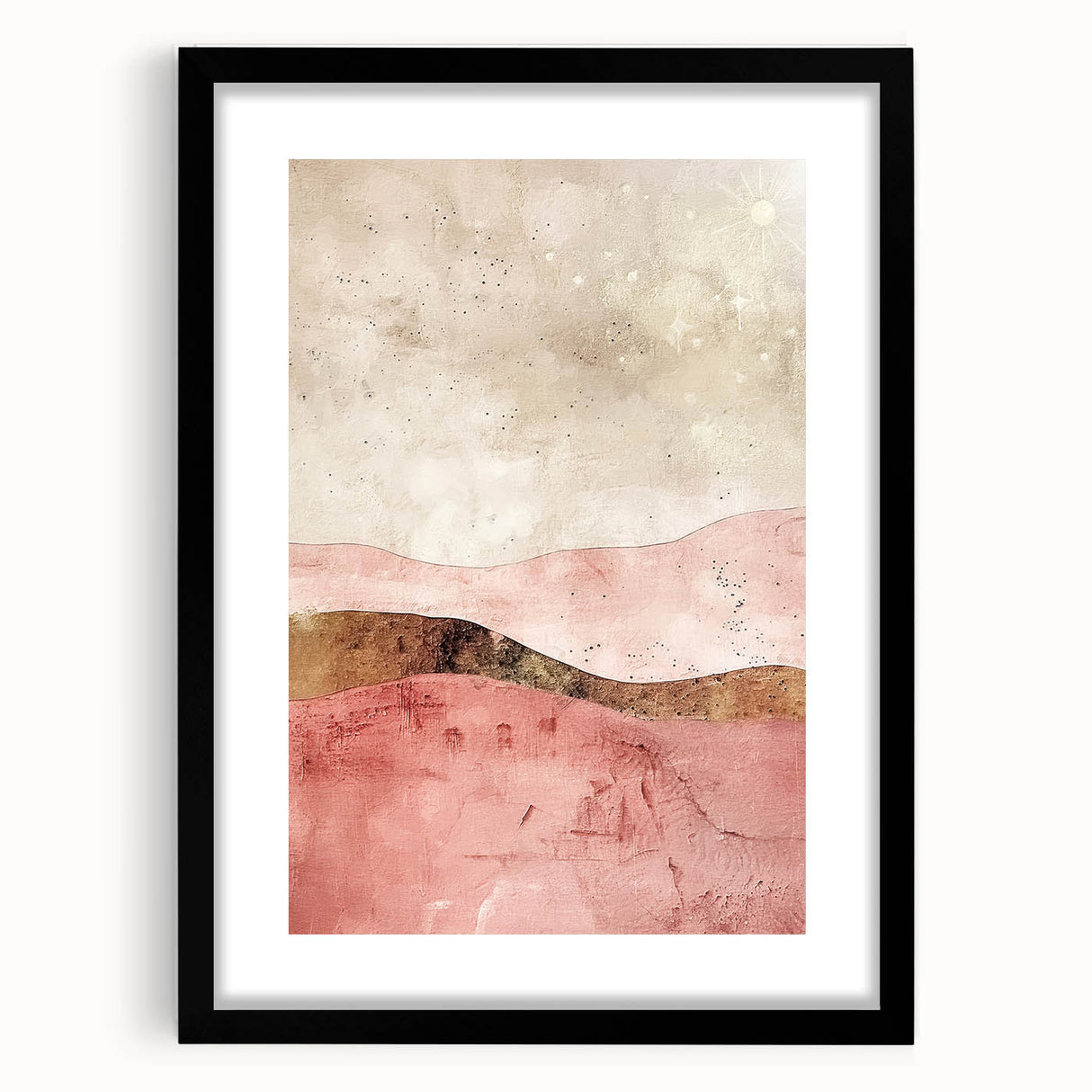 Abstract landscape wall art framed with a black mat, showcasing vibrant colors and dynamic shapes, ideal for modern home decor and artistic aesthetics.