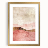 Abstract landscape wall art framed in gold, showcasing a serene blend of earthy tones and vibrant hues, perfect for enhancing modern home decor. The design features soft curves and dynamic shapes, creating a visually striking focal point for any room.