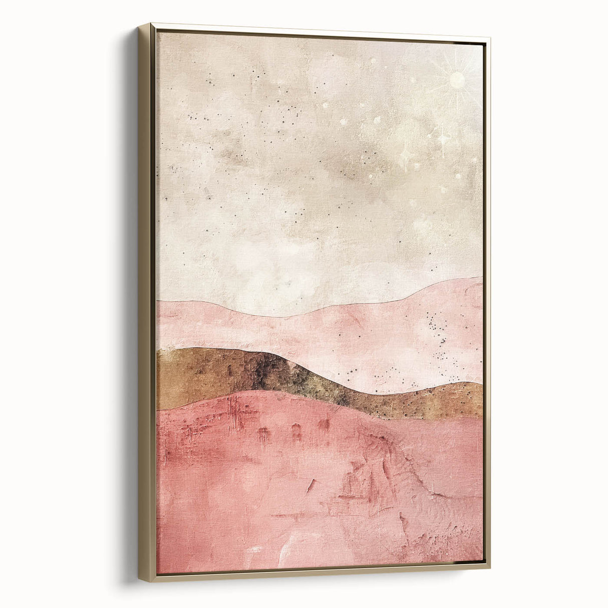 Framed canvas wall art showcasing an abstract landscape design with gold accents, viewed from the side, perfect for modern home decor.