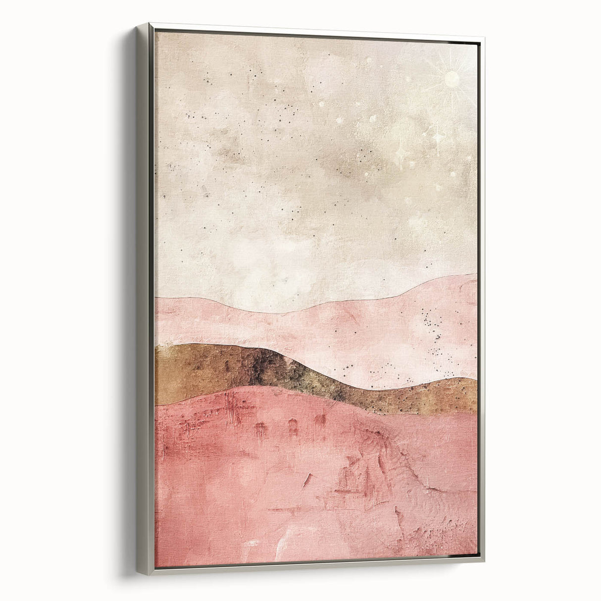 Framed canvas wall art showcasing an abstract landscape design with silver accents, presented in a side view to highlight its elegant framing and artistic details. Perfect for modern decor.
