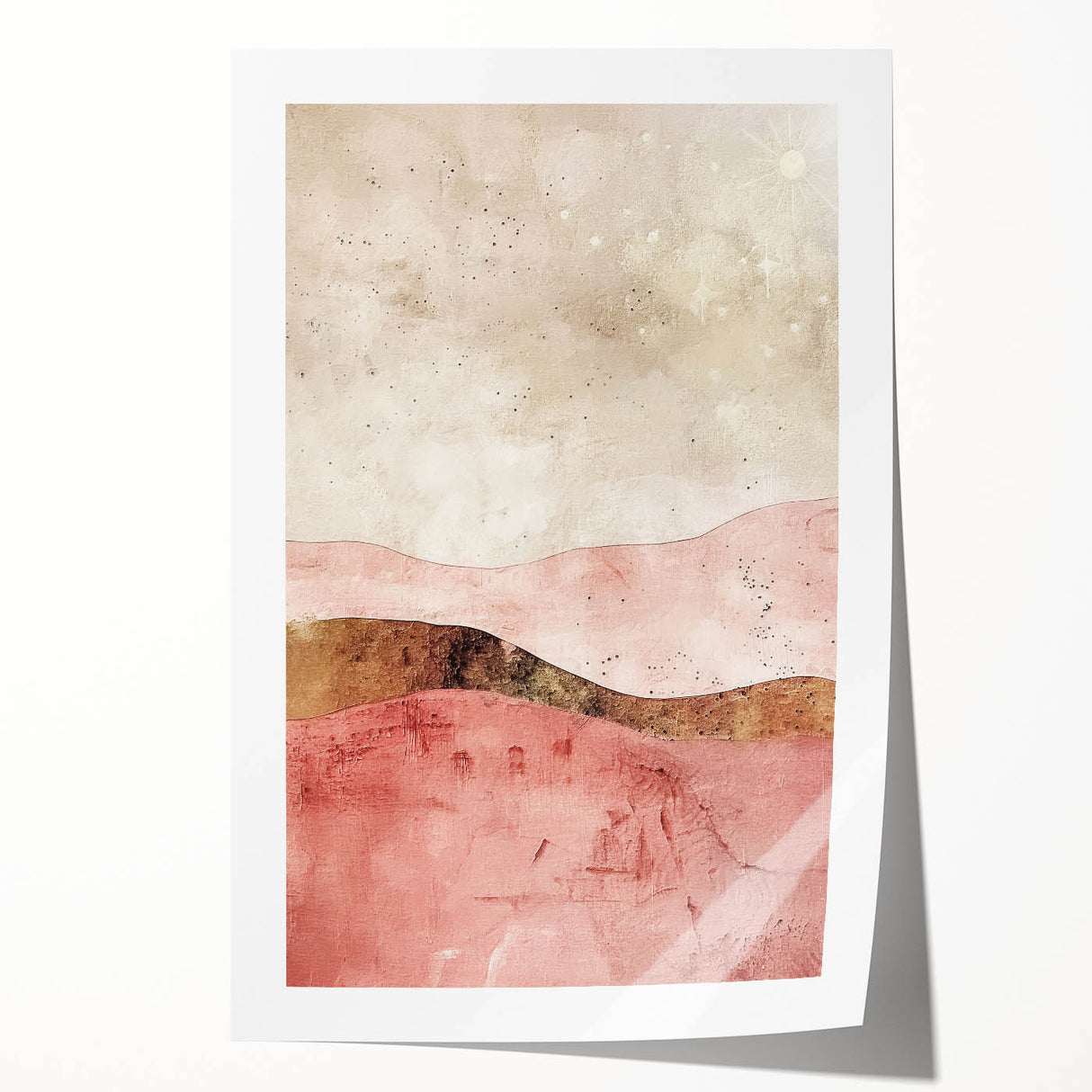 Abstract landscape wall art print showcasing vibrant colors and organic shapes, rolled for easy shipping, perfect for modern home decor and artistic expression.