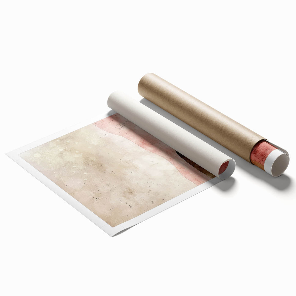 Abstract landscape wall art print featuring vibrant colors and fluid shapes, rolled and ready for display, showcasing a modern artistic interpretation of nature.