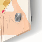 Large abstract wall art in mid-century modernist style, featuring vivid orange and teal shapes on acrylic glass.